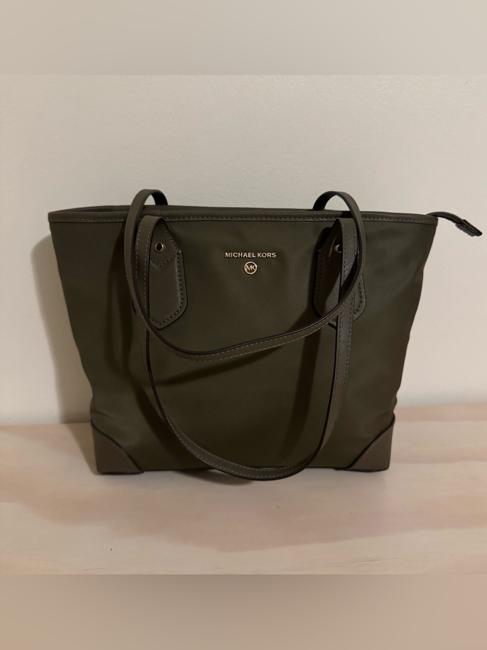 Michael Kors Eva Olive Green Neutral Nylon Carryall Top Zip Tote Shoulder Bag